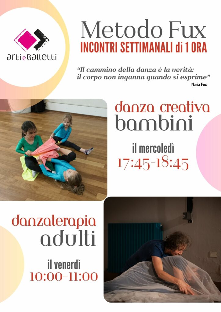 Locandina di presentazione incontri settimanali di Danza Creativa per i bambini e di Danzaterapia per gli adulti secondo il Metodo Fux